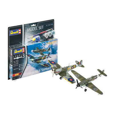 Kit de construction de maquettes Revell - Ensemble de combat bf109g-10 Spitfire mk.v 1:72 - 76 pièces. - y compris couleurs de peinture de base aqua color