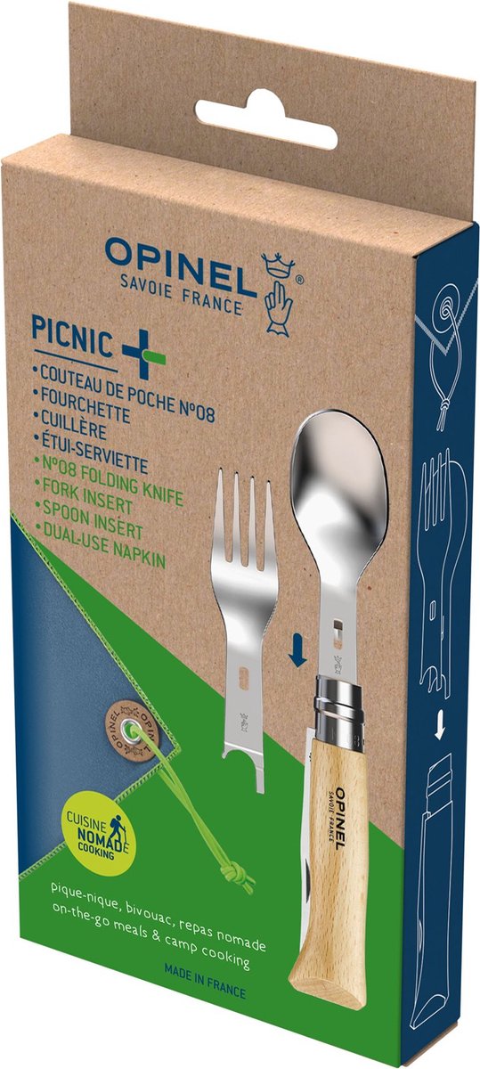 Couverts de voyage Opinel pique-nique plus - 4 pièces - bois de hêtre inox - couteau de poche