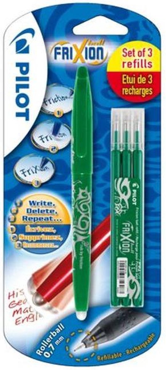 Pilot roller frixion ball vert + 3 recharges 0,7