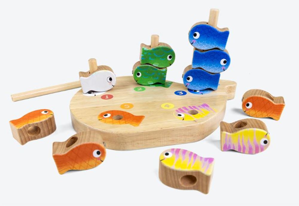 Clavis éditeurs gegenten*jeu en bois 4 en 1 petit poisson blanc. pile, tige, compte et fil