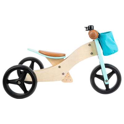 Petit tricycle en bois et turquoise 2in1