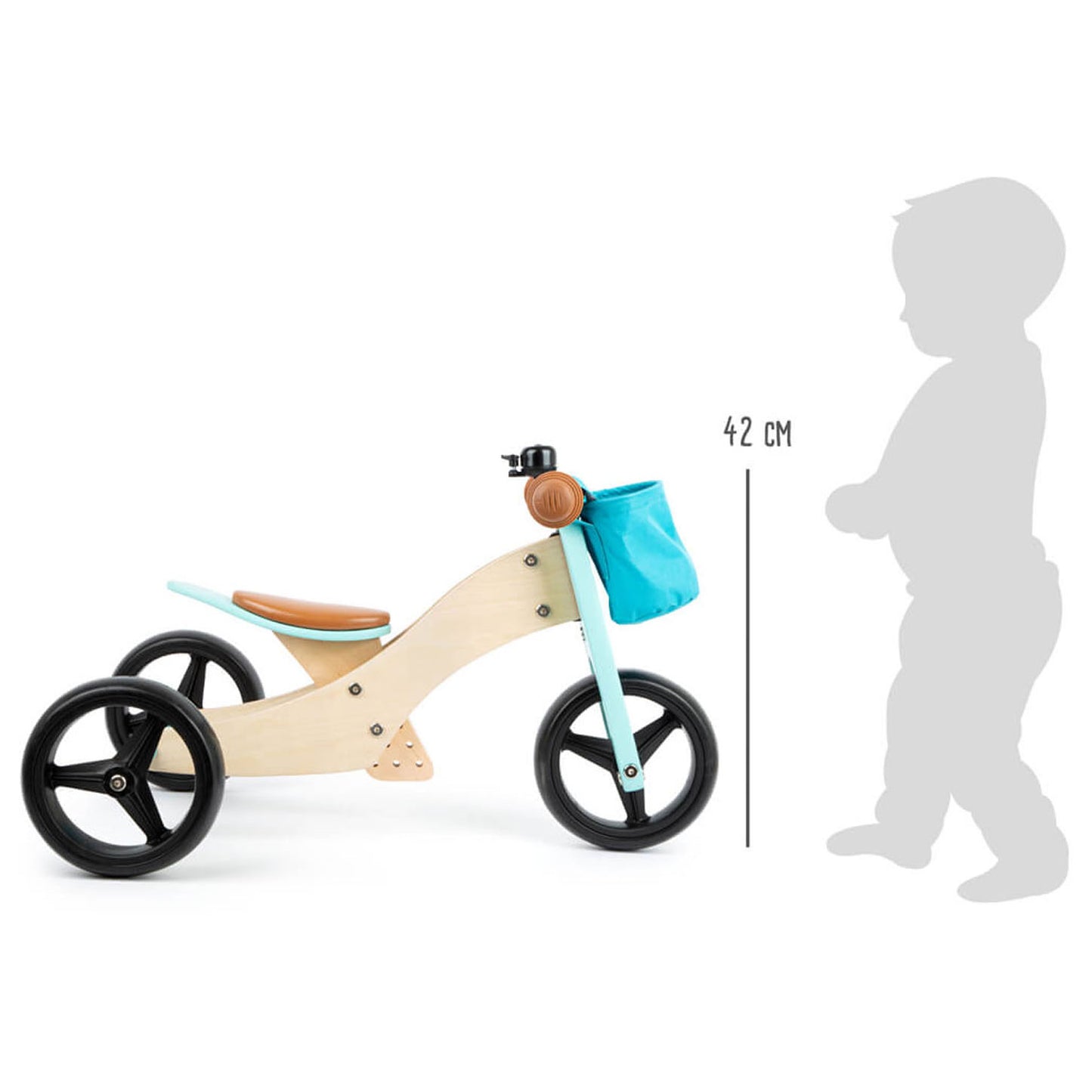 Petit tricycle en bois et turquoise 2in1