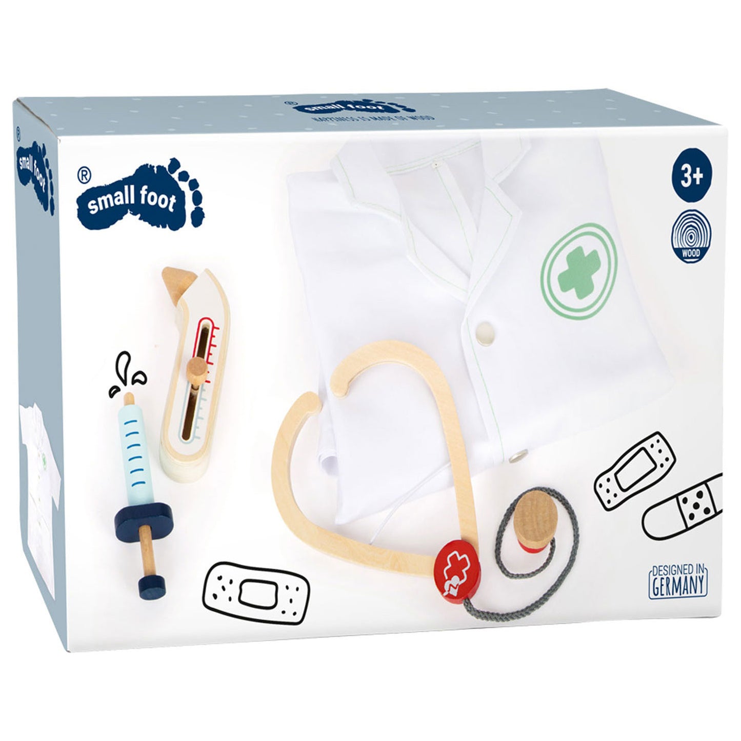Veste de petit médecin avec accessoires en bois, 4dlg.