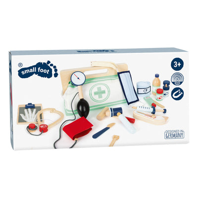 Sac docteur petit avec des accessoires de doctorat en bois, 18dlg.