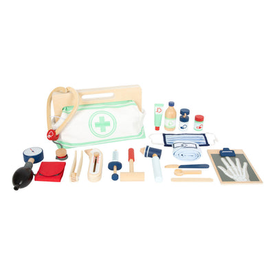 Sac docteur petit avec des accessoires de doctorat en bois, 18dlg.