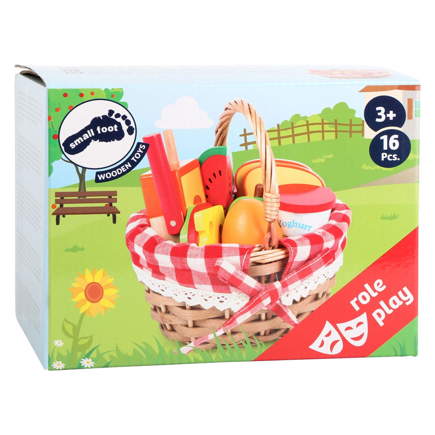 Petit panier de pique-nique à pied avec coupe en bois