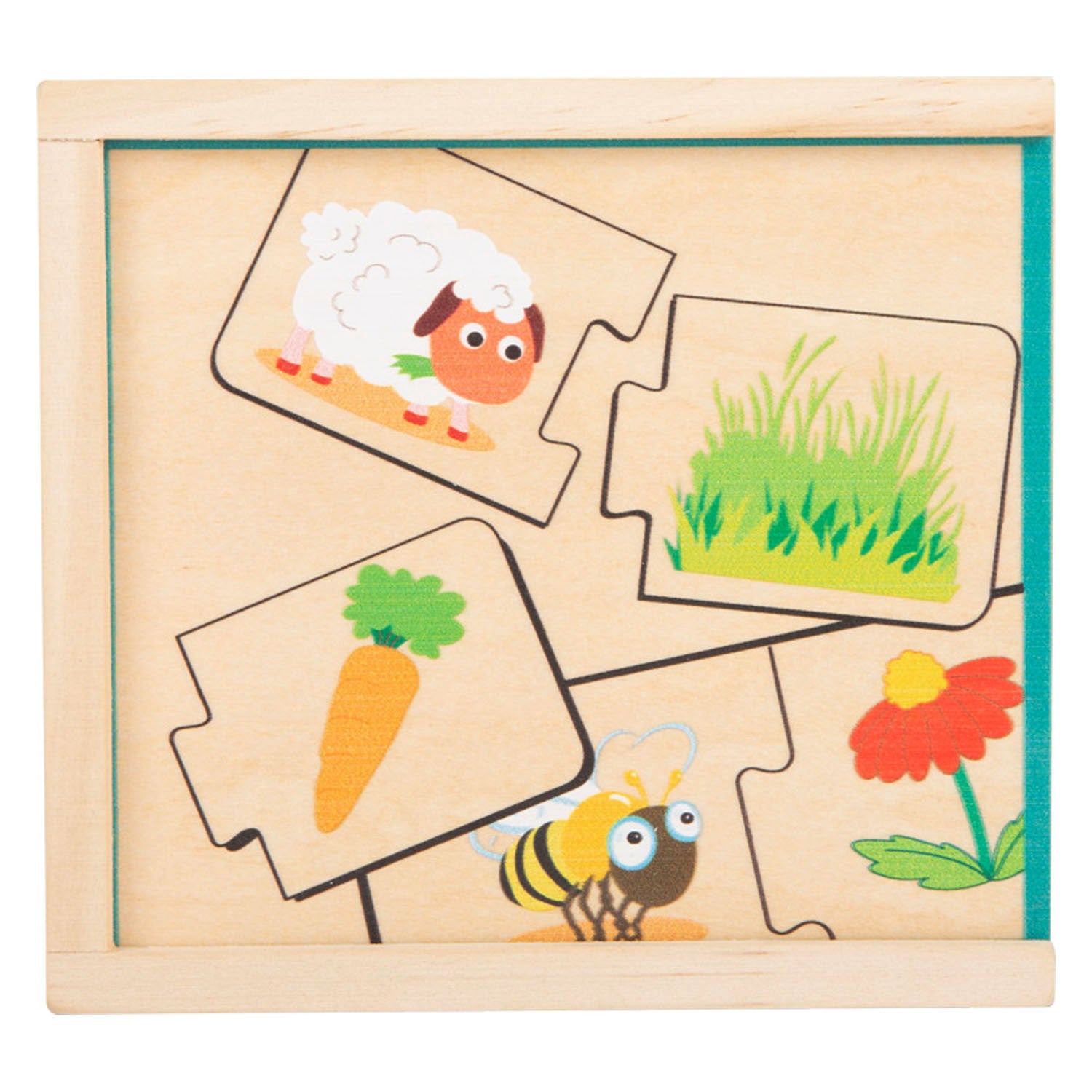 Animaux de puzzle en bois à petit pied et leur nourriture