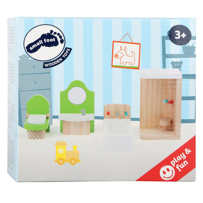 Salle de bains de meubles de maison de poupée en bois à petit pied, 4dlg.