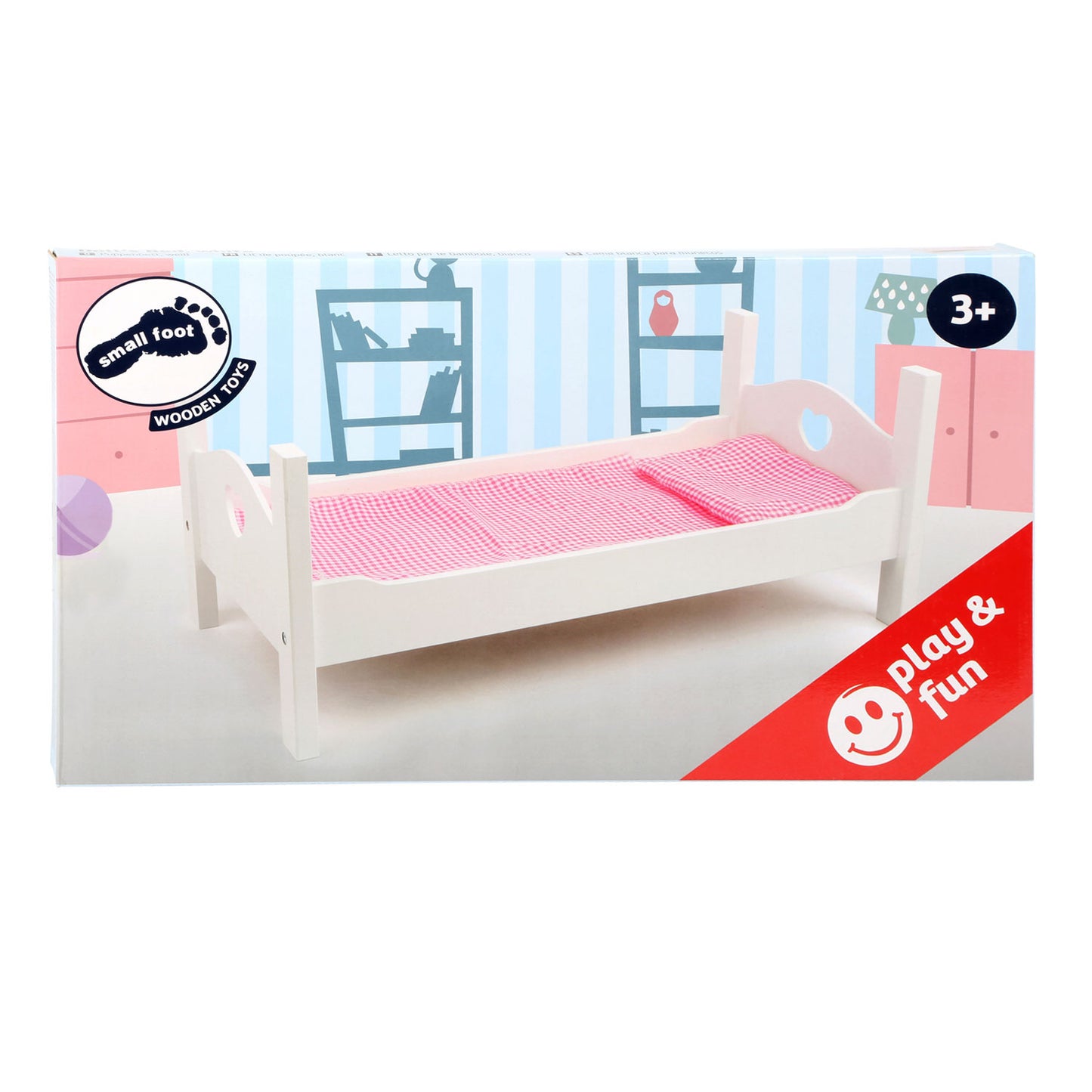 Petit pied de poupée en bois blanc avec literie, 4dlg.