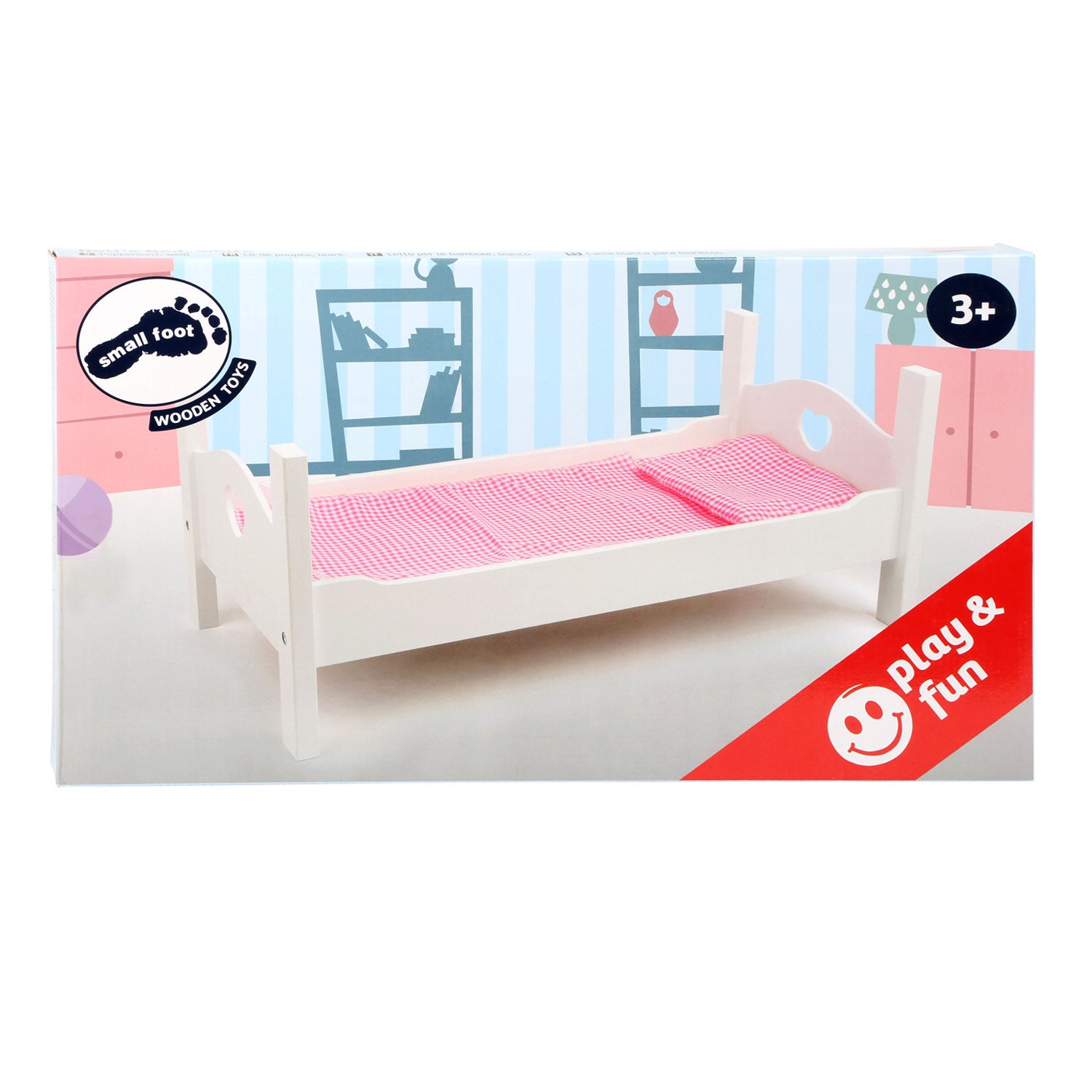 Petit pied de poupée en bois blanc avec literie, 4dlg.