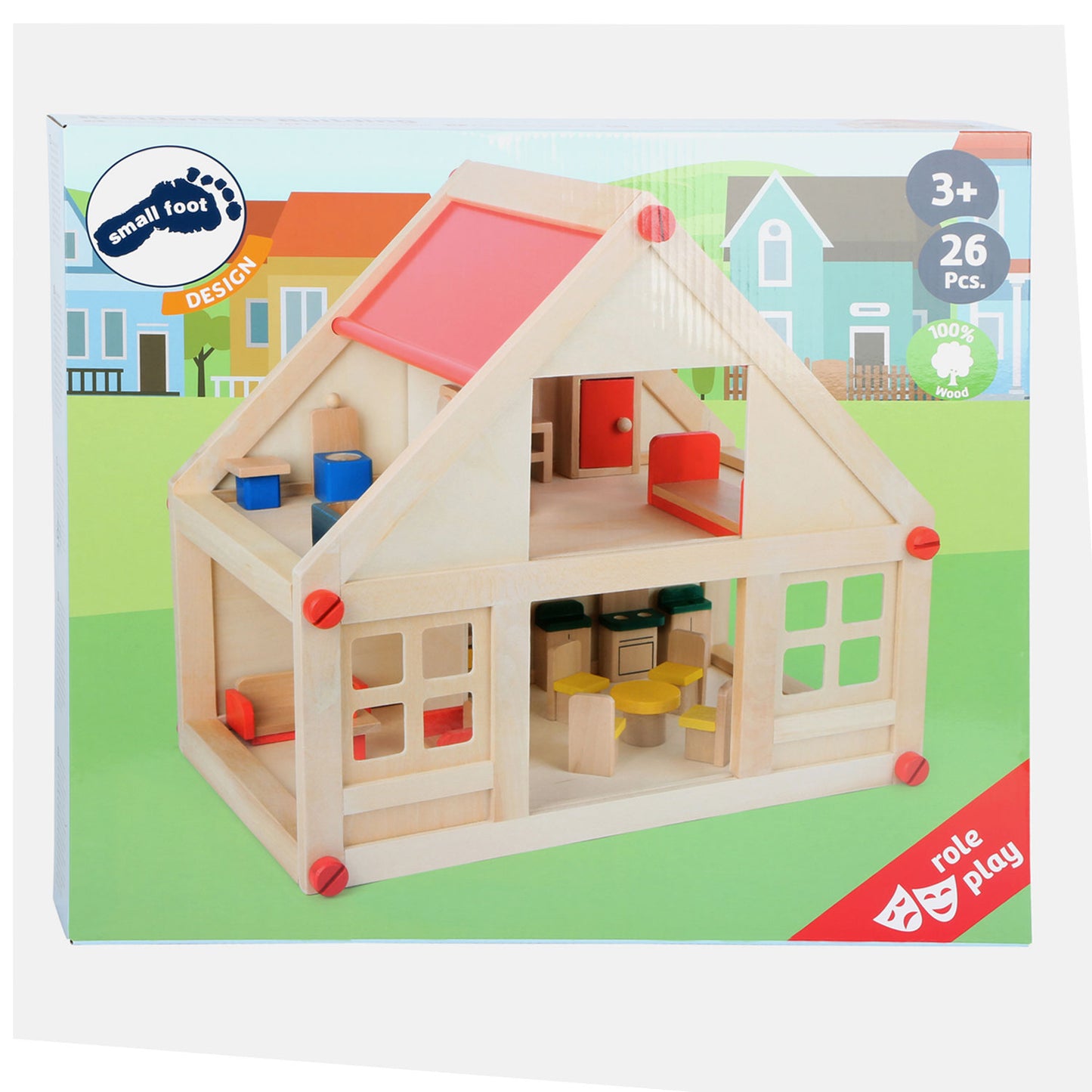 Petite maison de poupée en bois avec meubles, 23dlg.