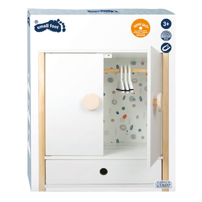 Petite garde-robe de poupée en bois à petit pied avec des cintres, 3dlg.