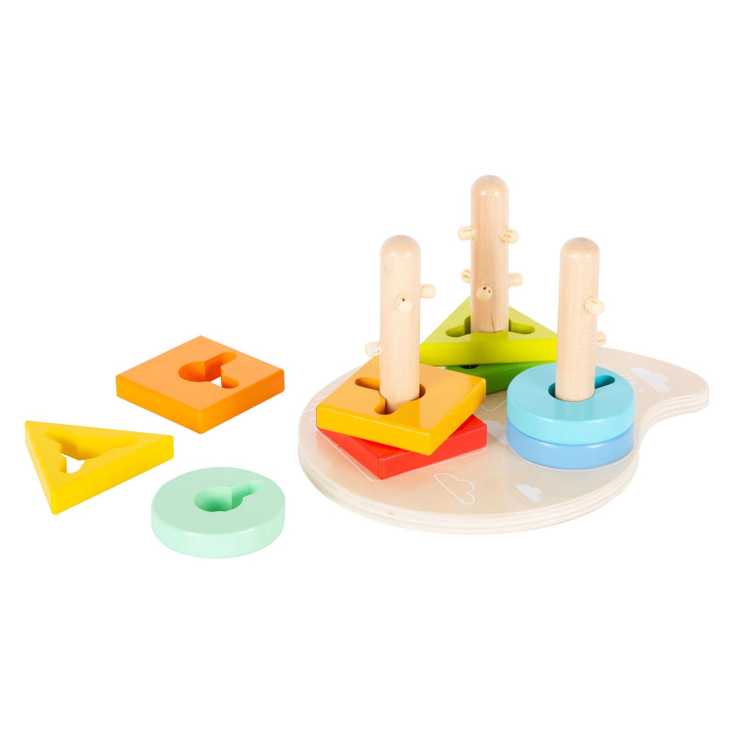 De petites formes de bois et des jouets de skappage à moteur triés, 10dlg.