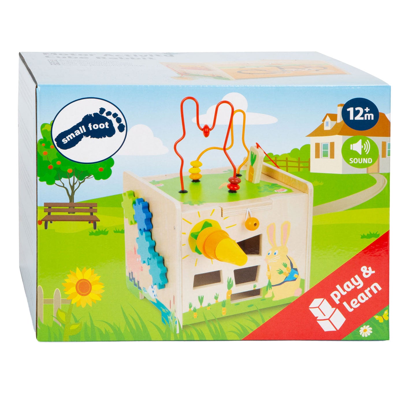 Petit cube d'activité en bois et lapin piral moteur