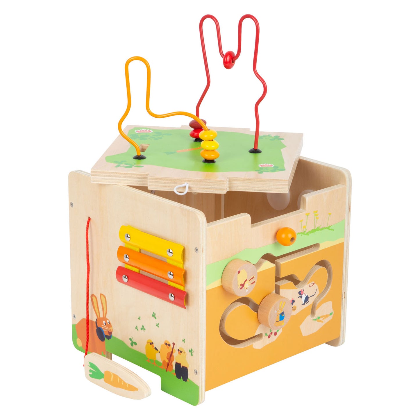 Petit cube d'activité en bois et lapin piral moteur
