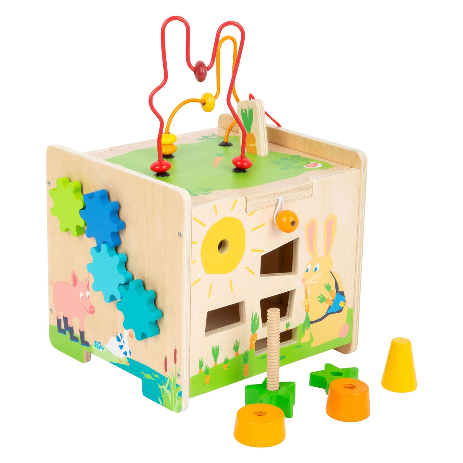 Petit cube d'activité en bois et lapin piral moteur
