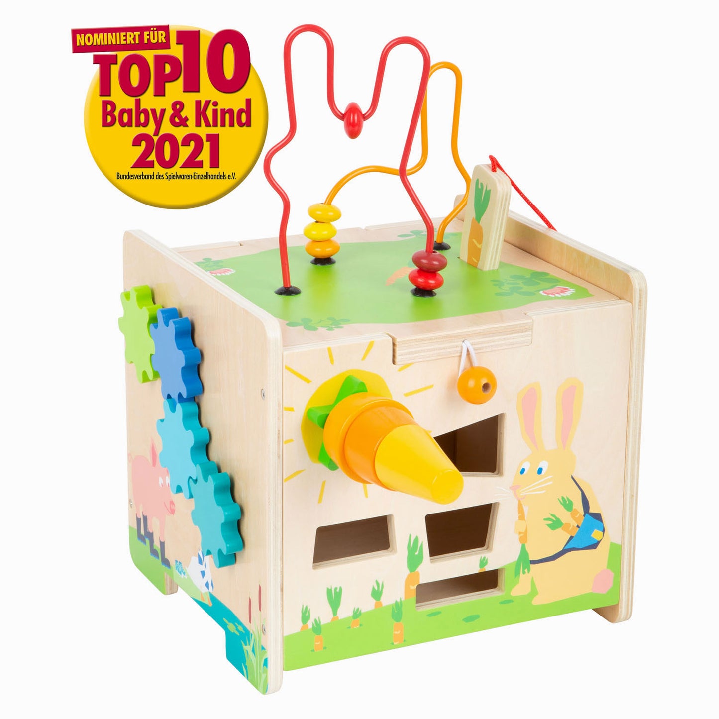 Petit cube d'activité en bois et lapin piral moteur