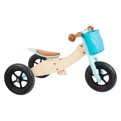 Petit tricycle en bois de pied et turquoise maxi 2in1