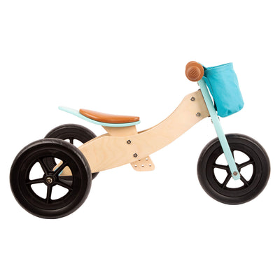 Petit tricycle en bois de pied et turquoise maxi 2in1
