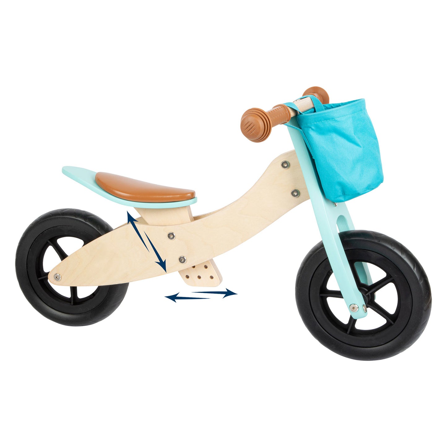 Petit tricycle en bois de pied et turquoise maxi 2in1