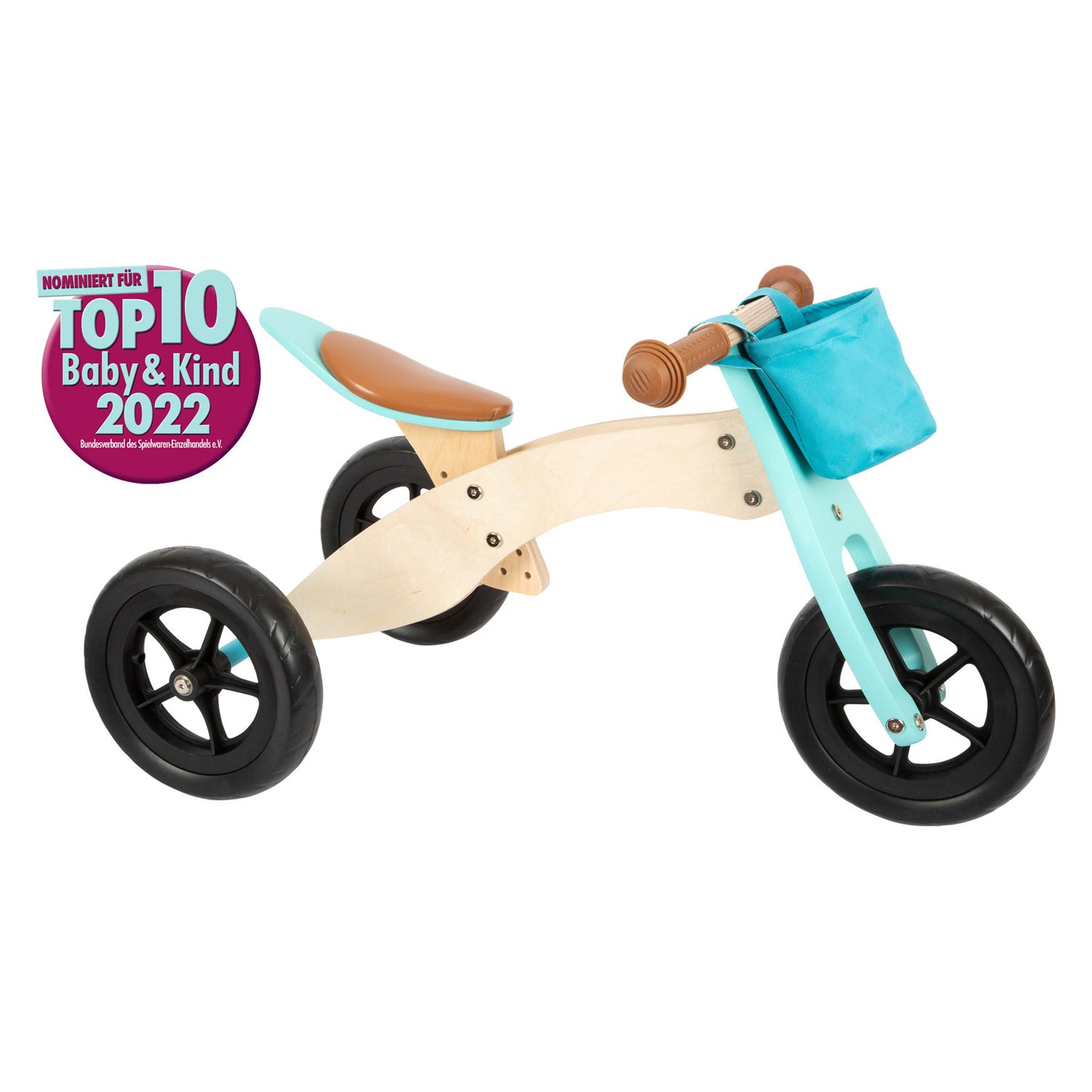 Petit tricycle en bois de pied et turquoise maxi 2in1
