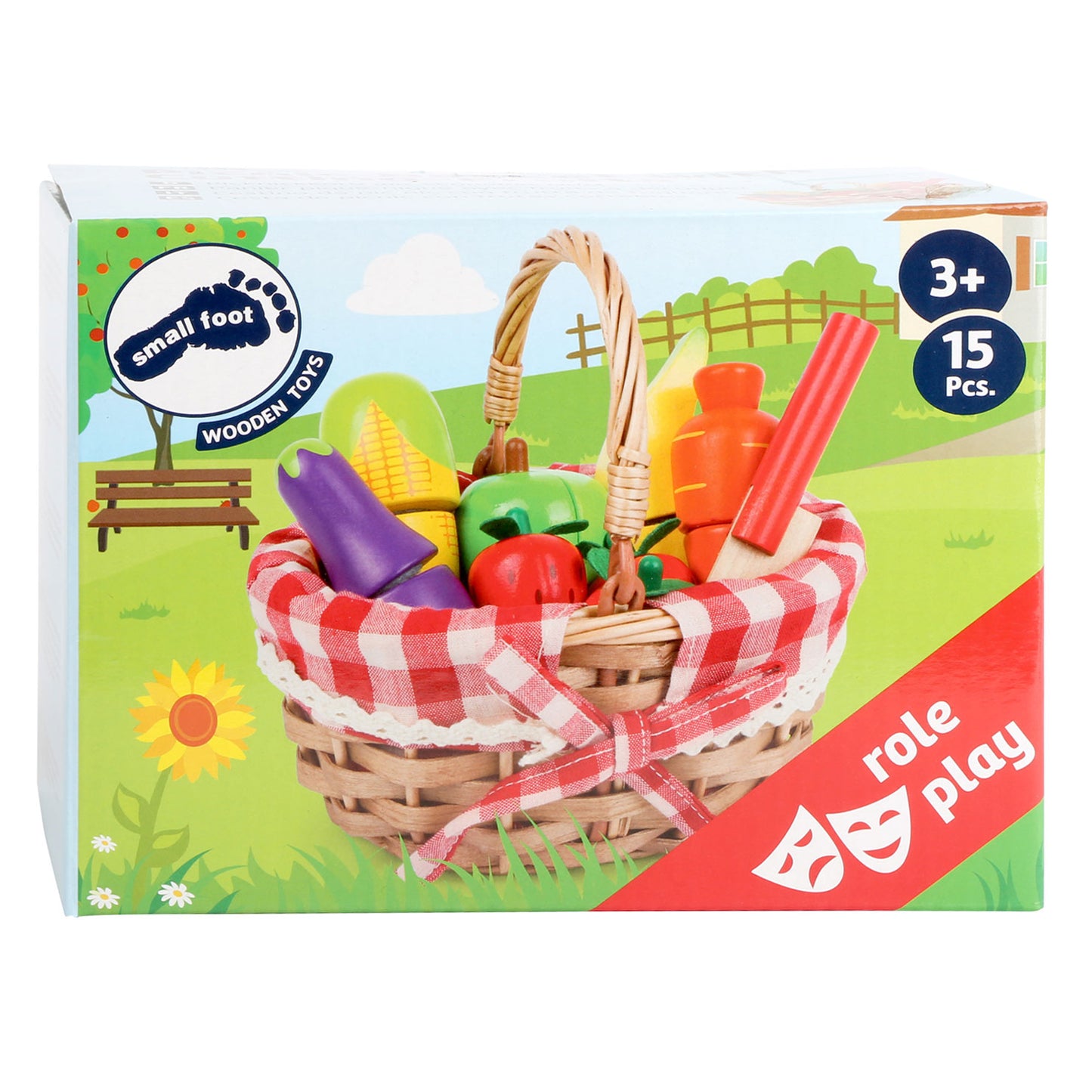 Petit panier de pique-nique en bois avec fruits coupés, 15dlg.