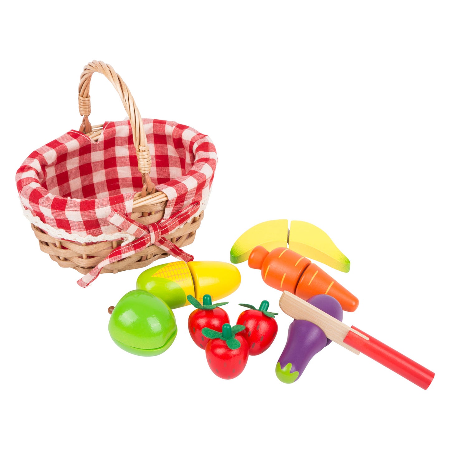 Petit panier de pique-nique en bois avec fruits coupés, 15dlg.