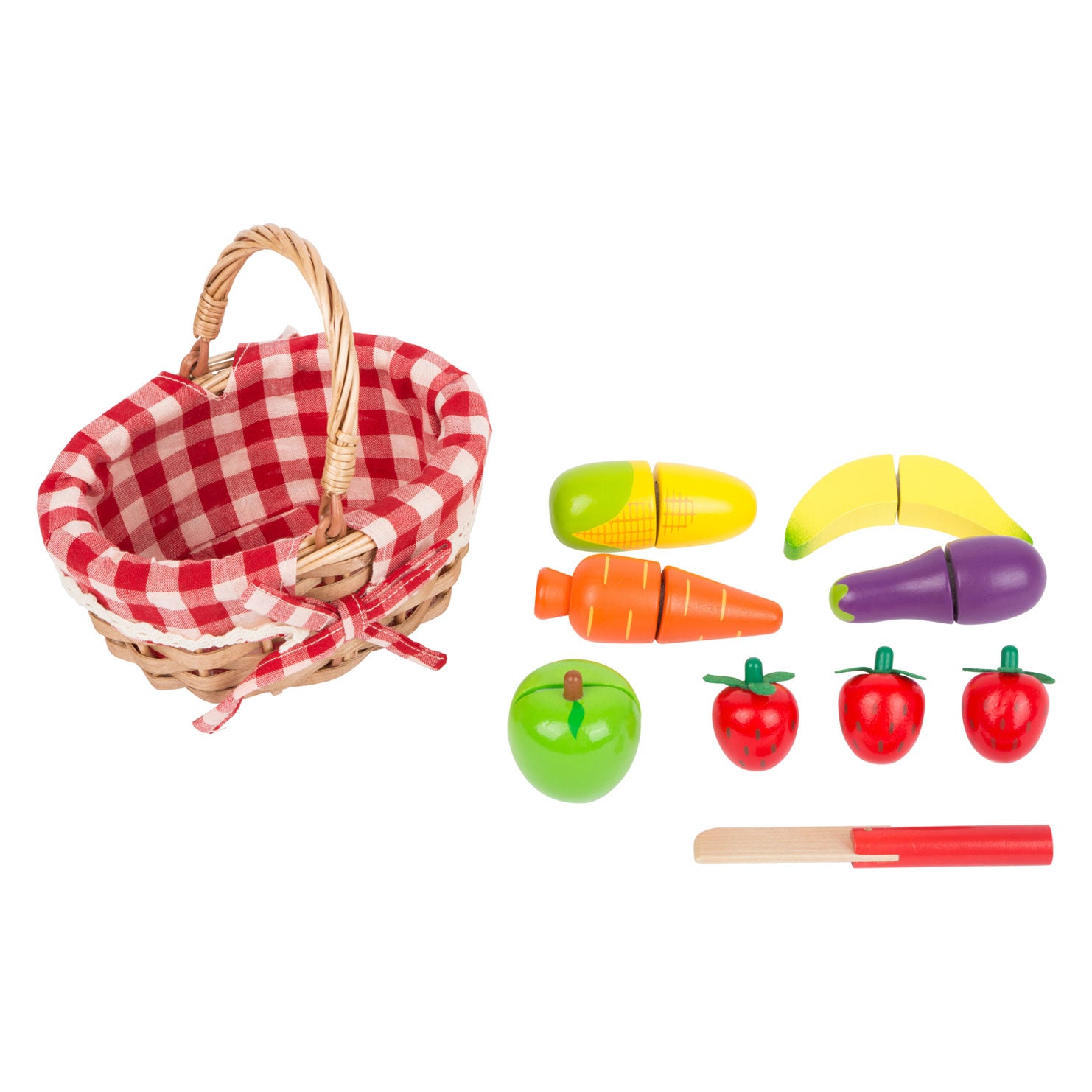 Petit panier de pique-nique en bois avec fruits coupés, 15dlg.