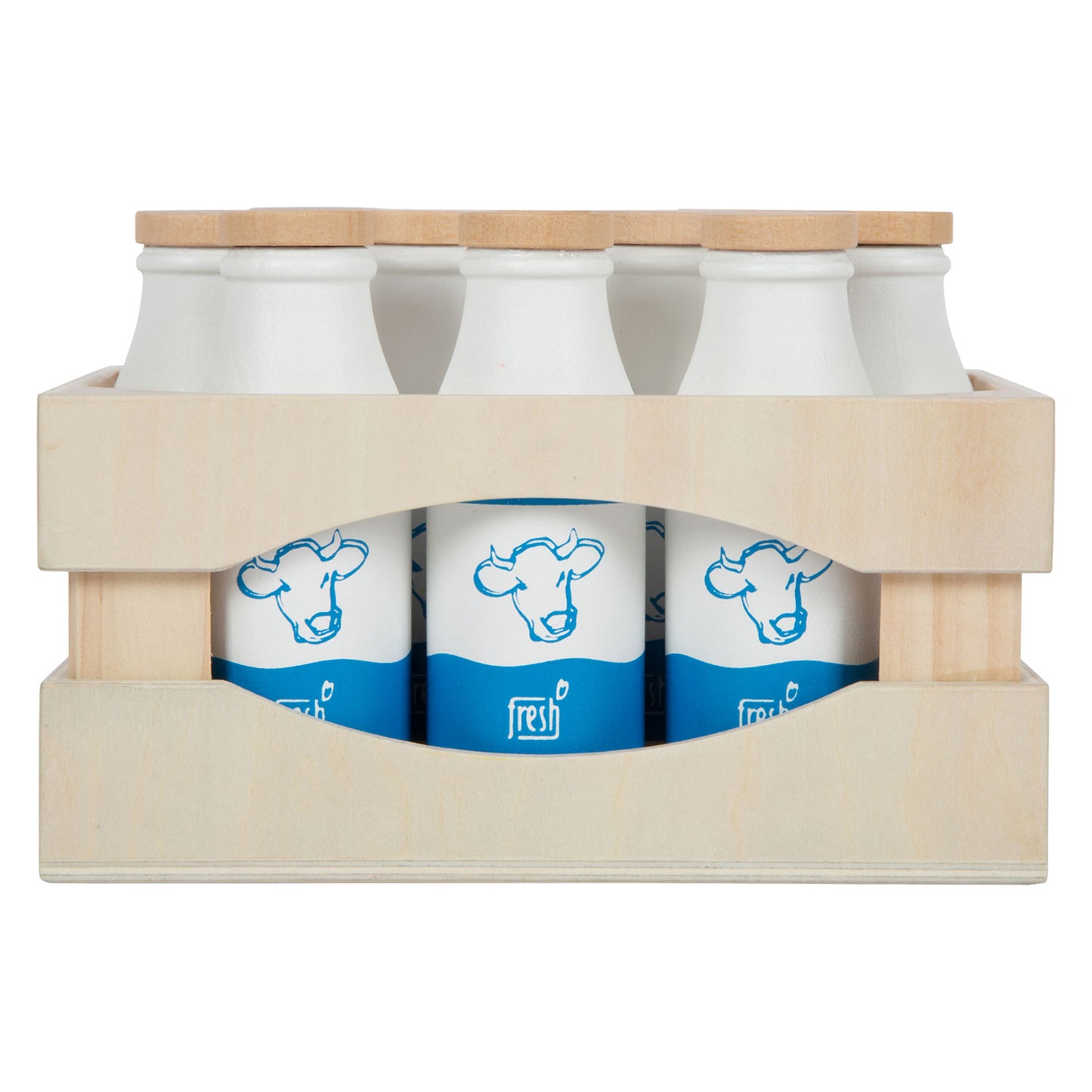Petite caisse en bois avec bouteilles de lait, 12dlg.