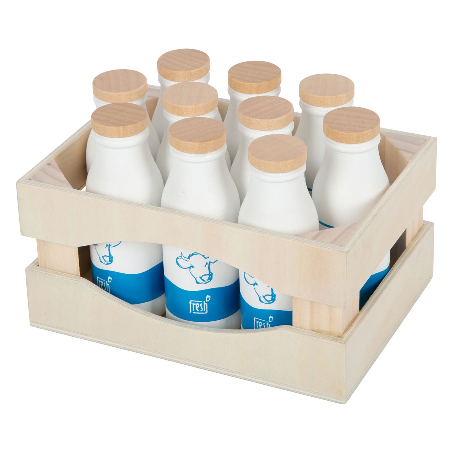 Petite caisse en bois avec bouteilles de lait, 12dlg.
