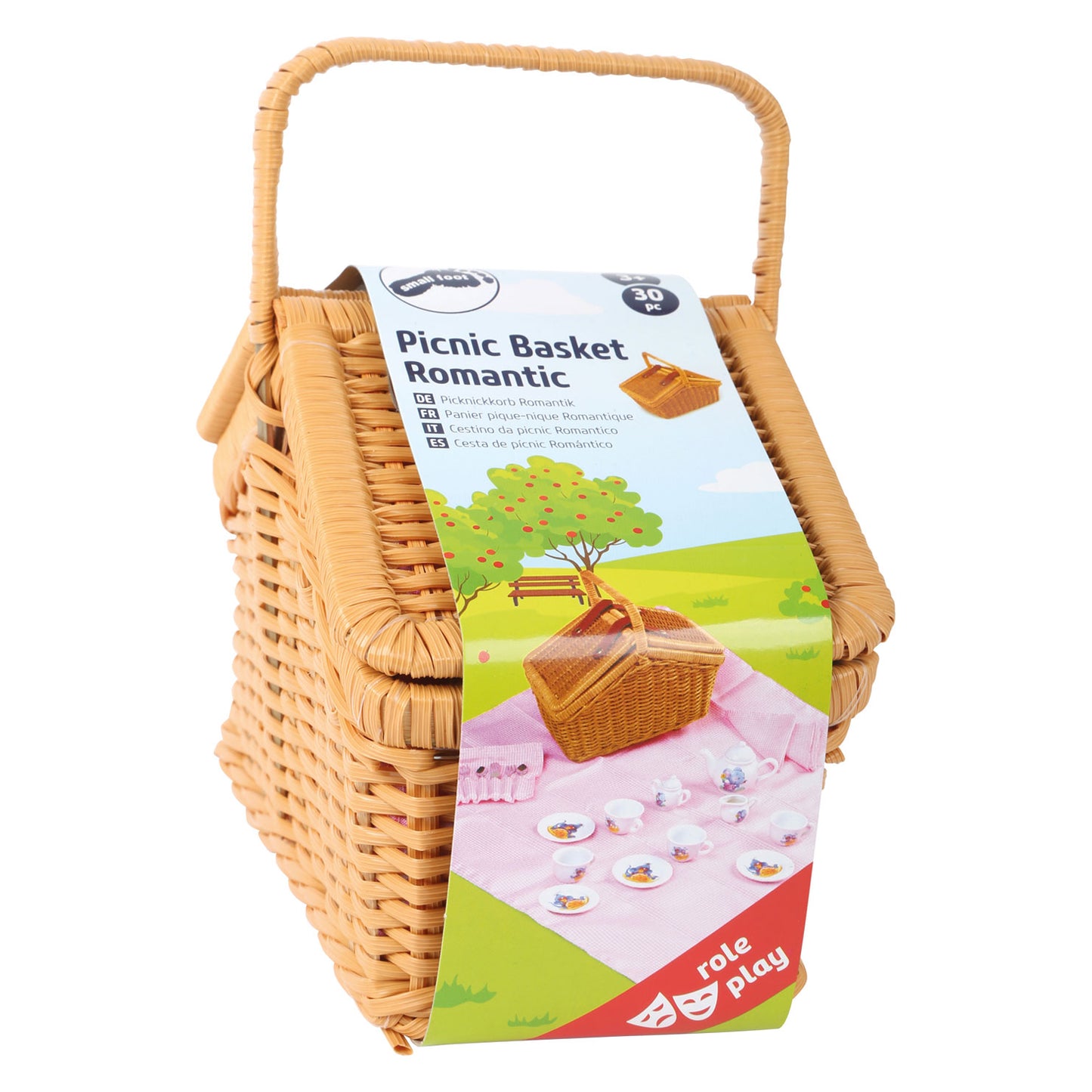 Petit panier de pique-nique en bois avec une vaisselle romantique, 30dlg.