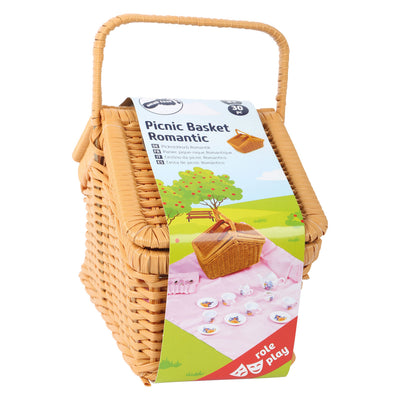 Petit panier de pique-nique en bois avec une vaisselle romantique, 30dlg.