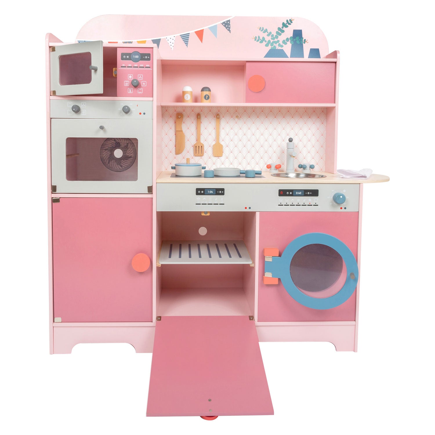 Petit pied en bois de cuisine rose rose, 12dlg.