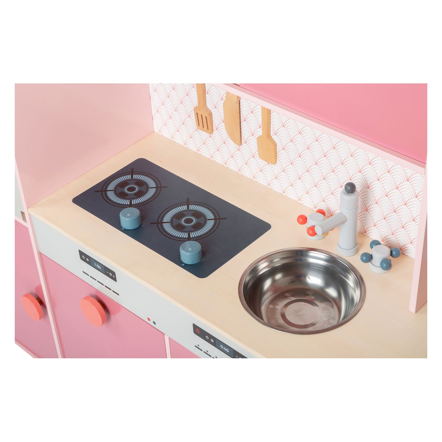 Petit pied en bois de cuisine rose rose, 12dlg.