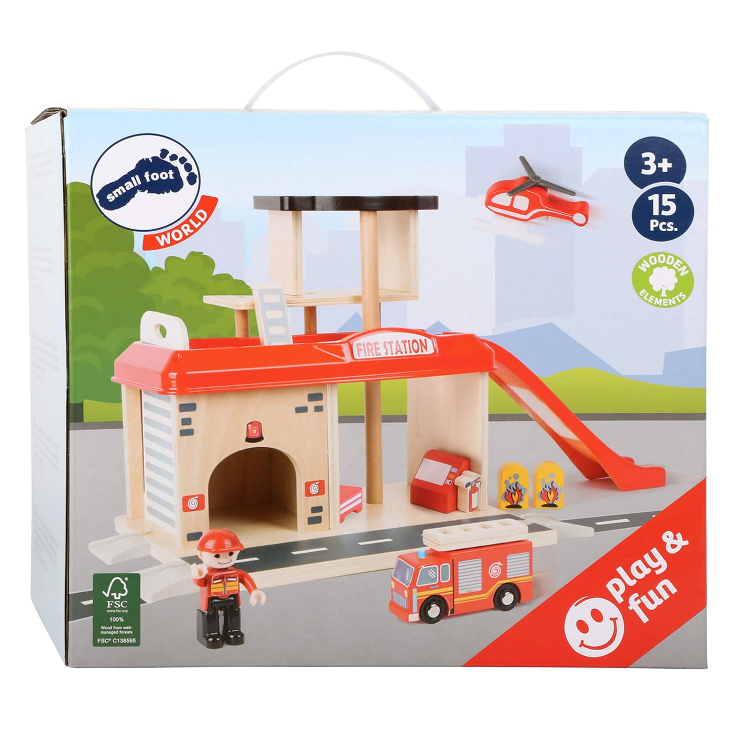 Caserne de pompiers en bois à petit pied avec accessoires, 15dlg.