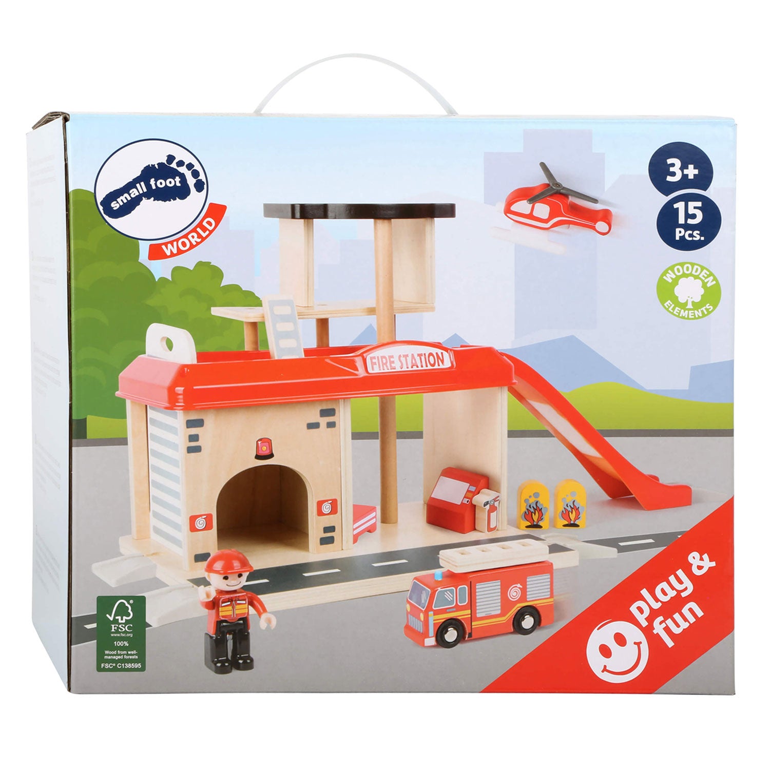 Caserne de pompiers en bois à petit pied avec accessoires, 15dlg.