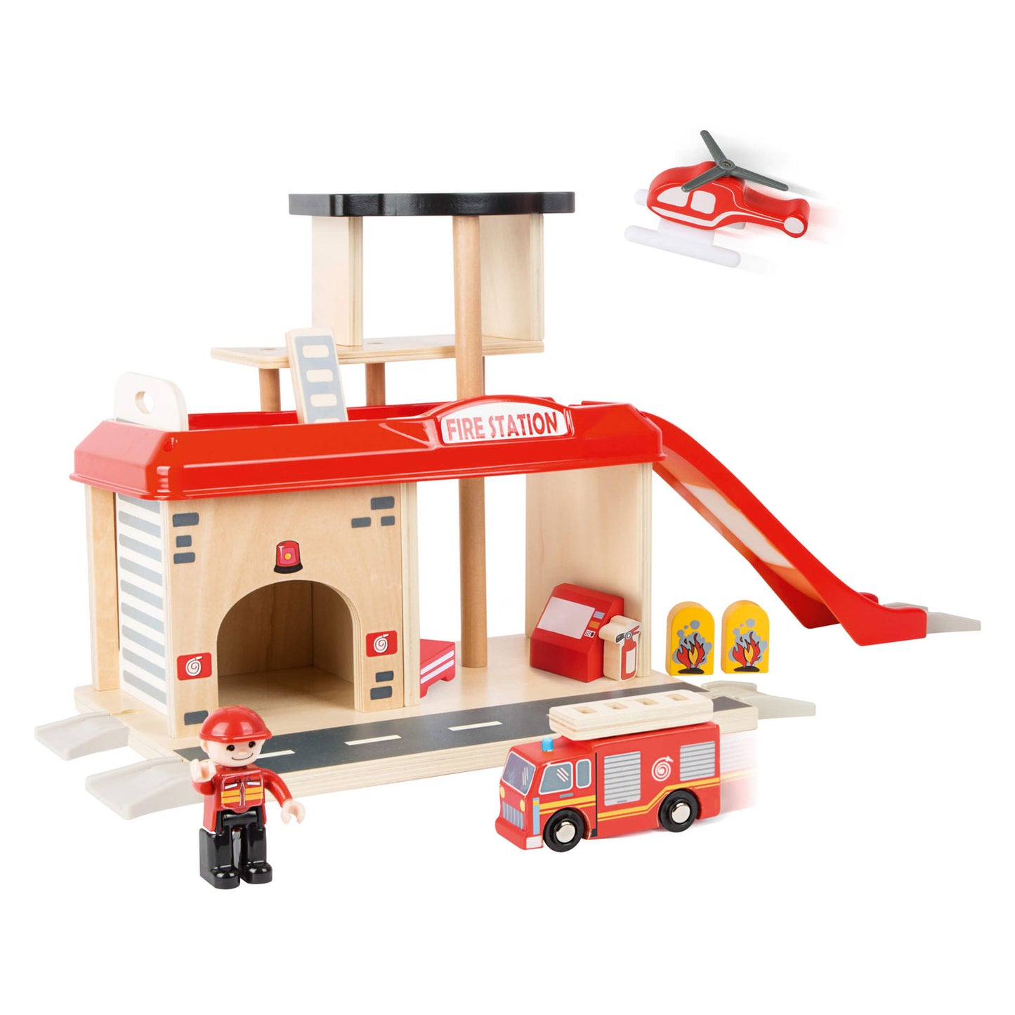 Caserne de pompiers en bois à petit pied avec accessoires, 15dlg.
