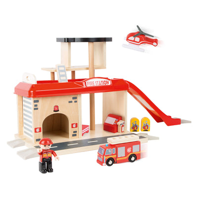 Caserne de pompiers en bois à petit pied avec accessoires, 15dlg.