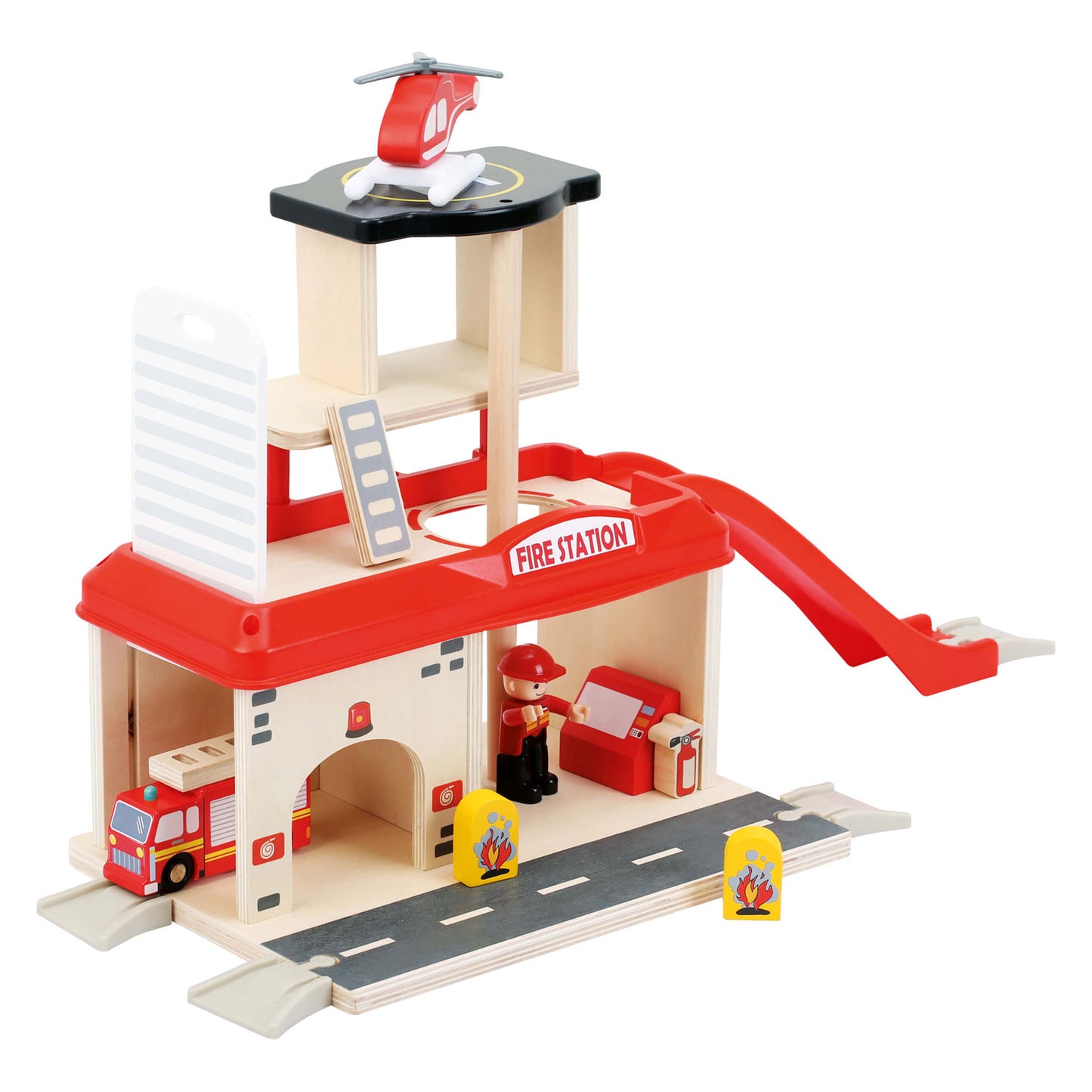 Caserne de pompiers en bois à petit pied avec accessoires, 15dlg.