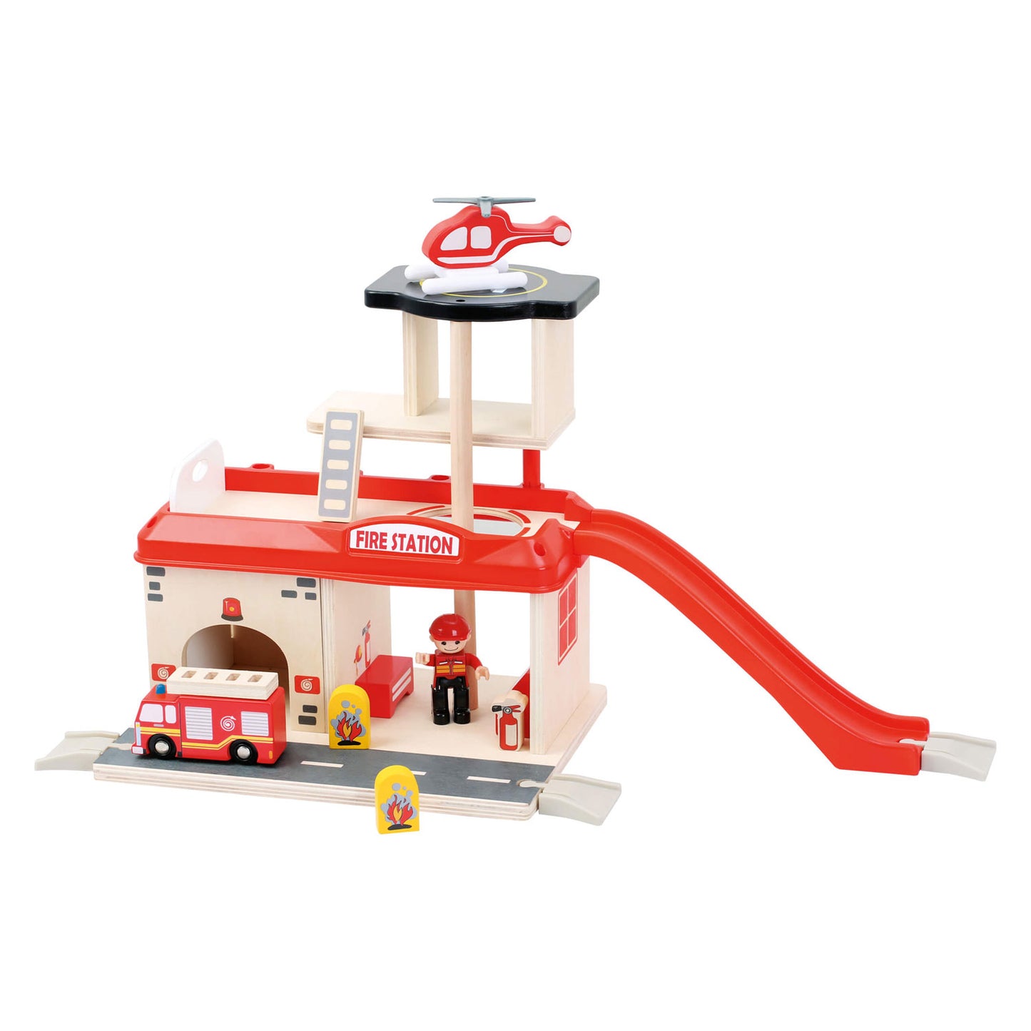 Caserne de pompiers en bois à petit pied avec accessoires, 15dlg.