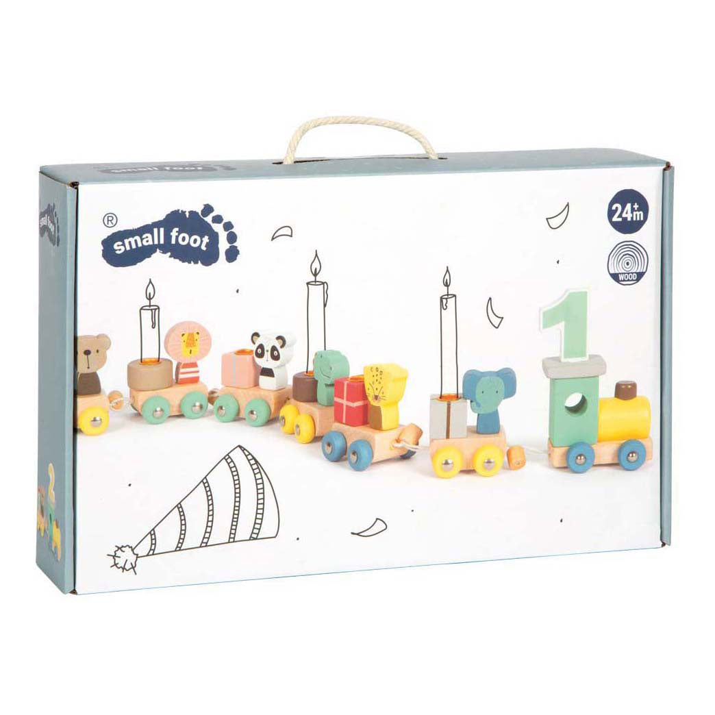Petit pied - train d'anniversaire en bois avec animaux