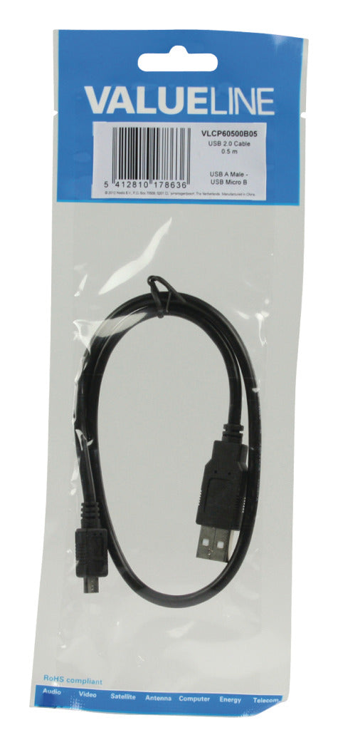 VALUELLINE VALUELINE VLCP60500B05 USB 2.0 USB Un câble masculin mâle USB Male B.50 m noir