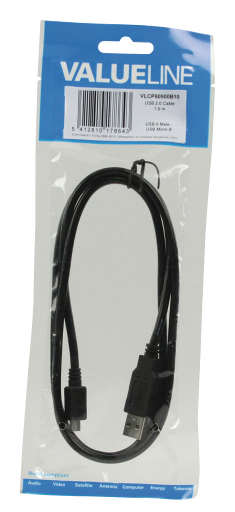 VALUELLINE VALUELINE VLCP60500B10 USB 2.0 USB Un câble masculin MALUM MALI-B MALAME 1,00 m noir