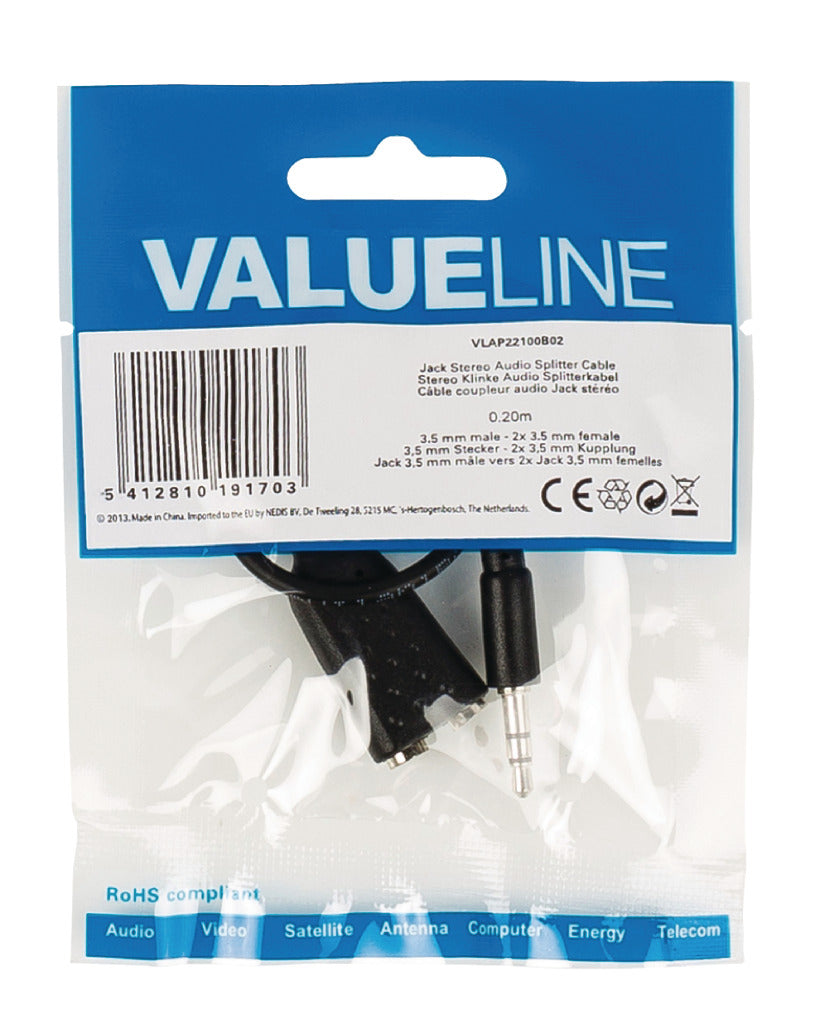 VALUELLINE VALULINE VLAP22100B02 JACK STÉRÉO Câble de distribution audio 3,5 mm mâle 2x 3,5 mm Femelle 0,20 m noir