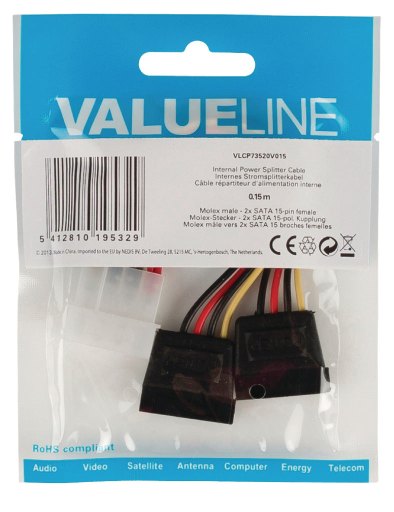 VALUELLINE VALUELINE VLCP73520V015 Câble séparateur interne Molex mâle mâle 2x Sata 15 broches Femelle Multicolour Couleurs