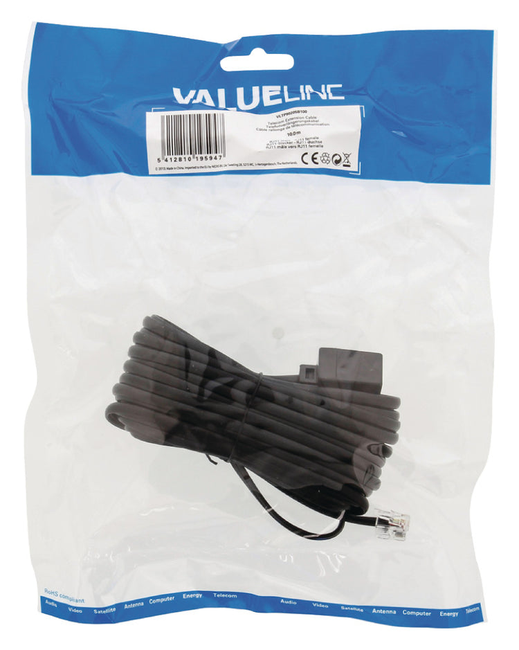 VALUELLINE VALUELLIN VLTP90205B100 Télécom Extension Câble RJ11 Male RJ11 Femme 10,0 m Black