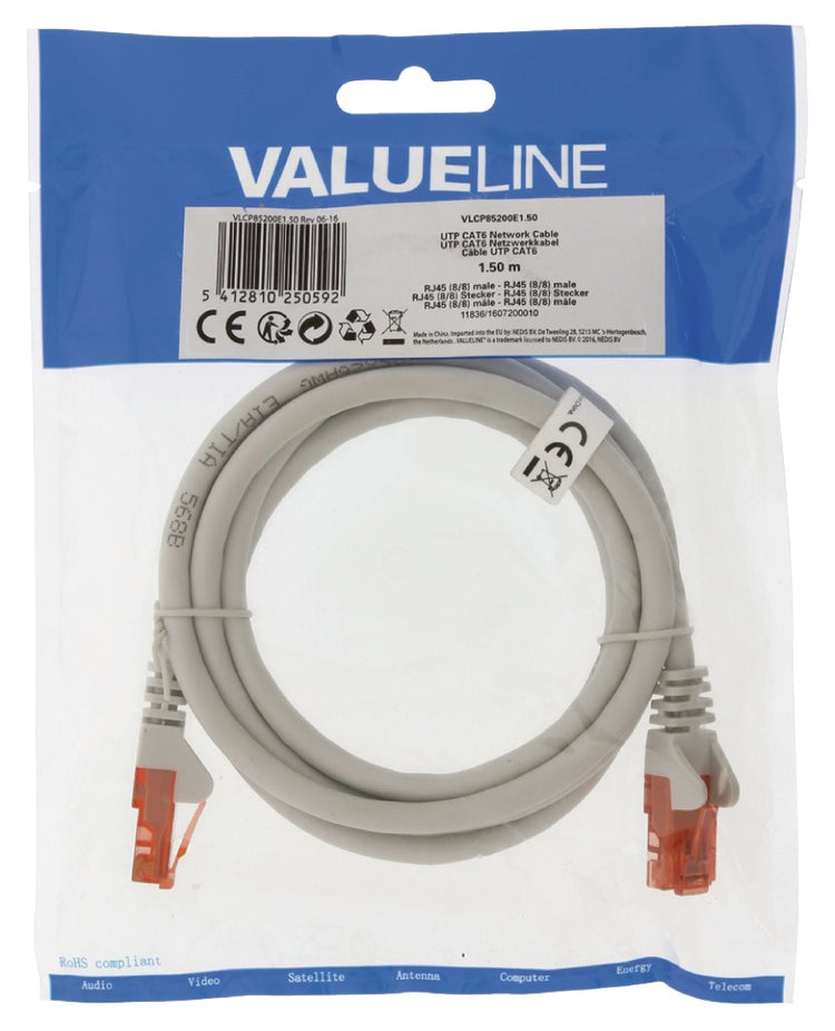 VALUELLINE VALUELLIN VLCP85200E1.50 CABLE CABLE NOSIFIQUE UTP RJ45 (8 8) MALE RJ45 (8 8) Mâle 1,50 m Gray