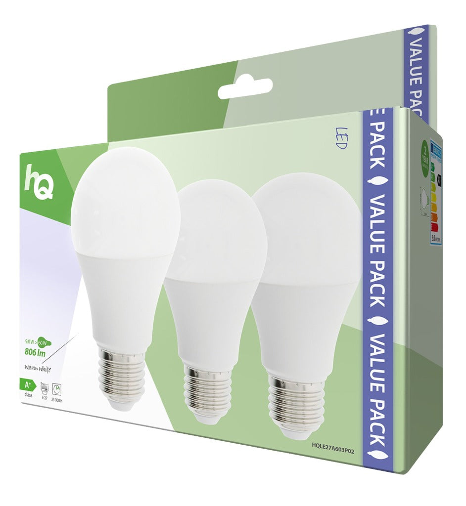 HQ HQ HQLE27A603P02 LED lampe 3 pièces E27 A60 9 W 806 LM 2700 K