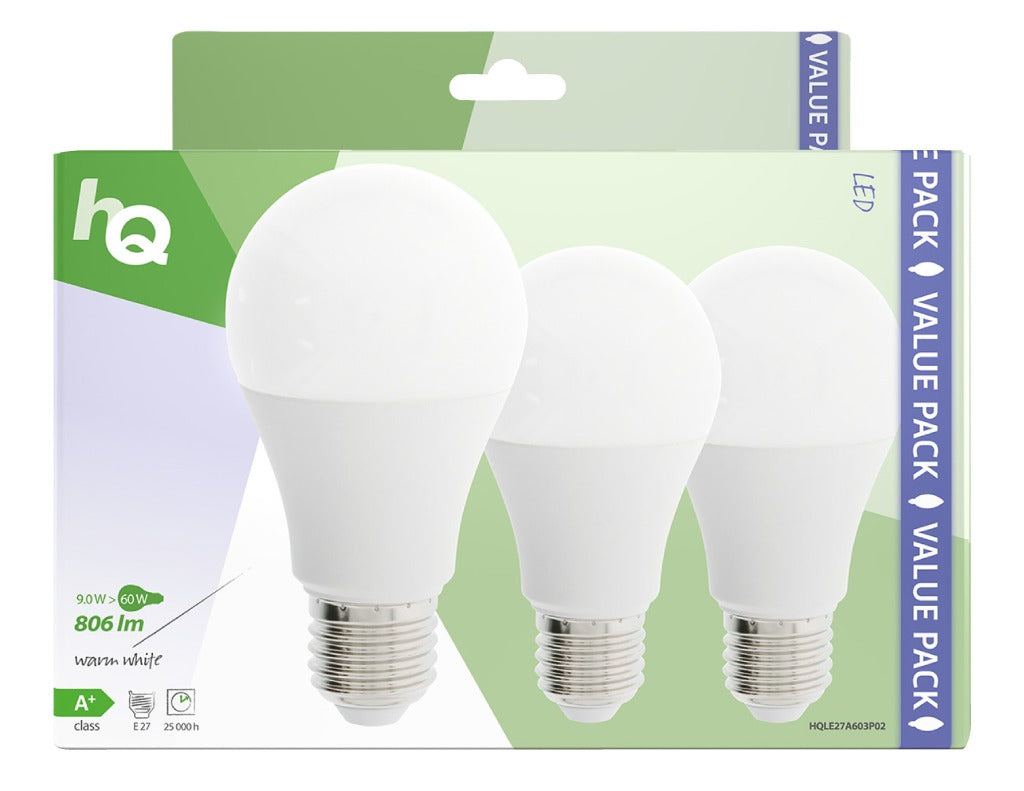 HQ HQ HQLE27A603P02 LED lampe 3 pièces E27 A60 9 W 806 LM 2700 K