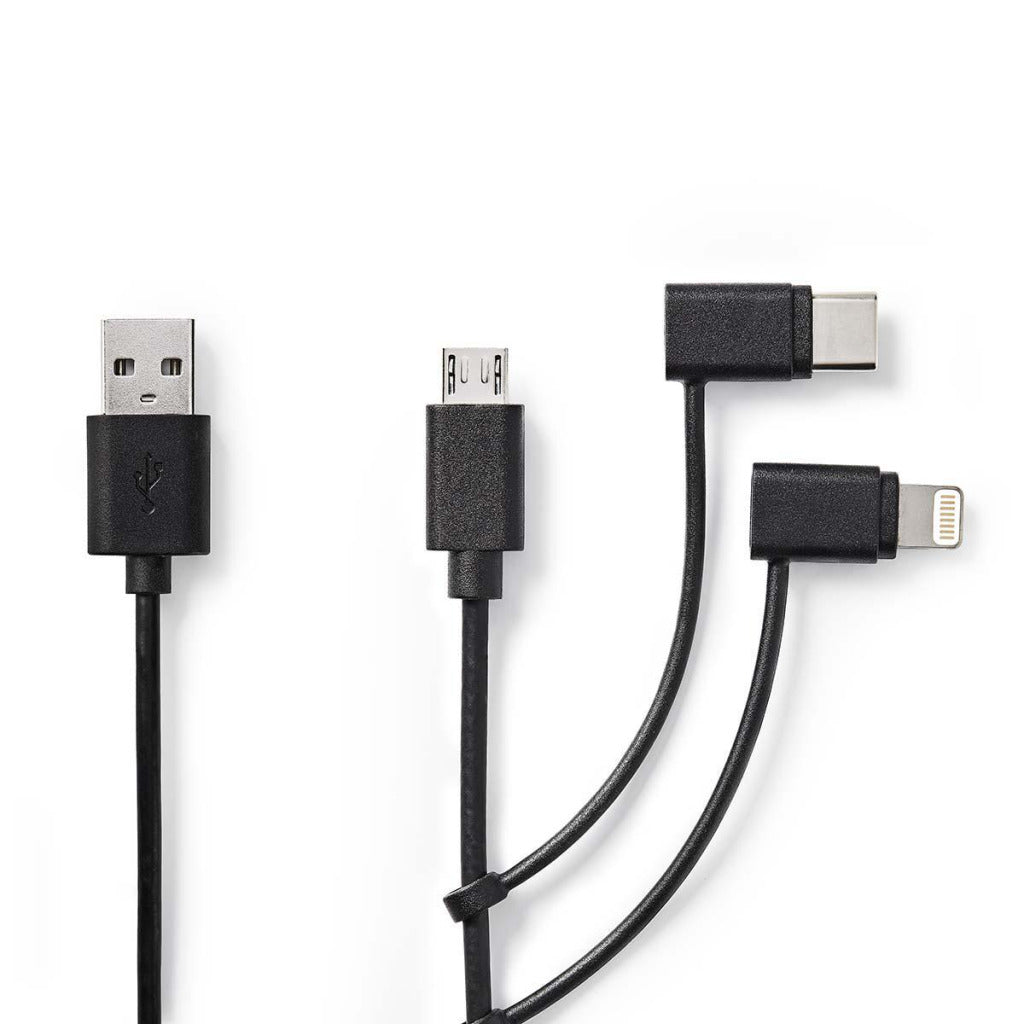 Nedis CCGP60620BK10 Synchronisation 3-en-1 Synchronisation et câble de charge USB-A Me Micale B mâle Typ-C mâle Lightning 8 broches mâle 1,0 m noir